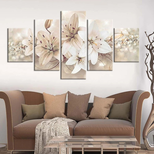 Quadros Decoração 5 Peças Para Sala Quarto Lirio Flor Tons Pastéis Lindos.jpg