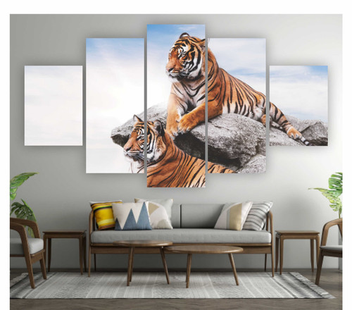 Quadros Decoração 5 Peças Para Sala Quarto Tigres Na Pedra 4k.jpg