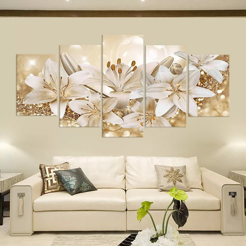 Quadros Decoração 5 Peças Para Sala Quarto Tulipa Branca e Dourada.jpg