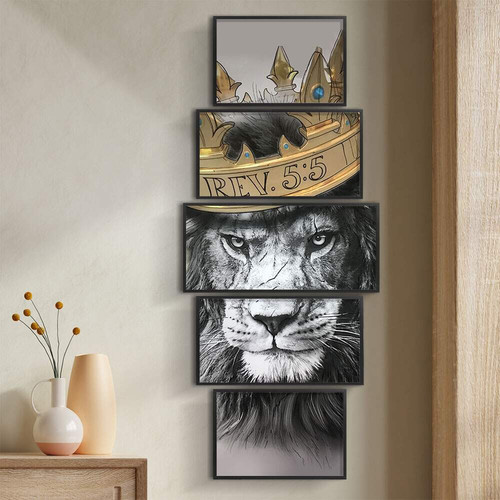 Quadros Decoração 5 Peças Para Sala Quarto Leão Coroado Rei Moderno.jpg