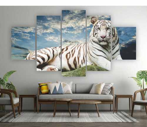 Quadros Decoração 5 Peças Para Sala Quarto Tigre Branco Asiatico Listrados Lindo.jpg