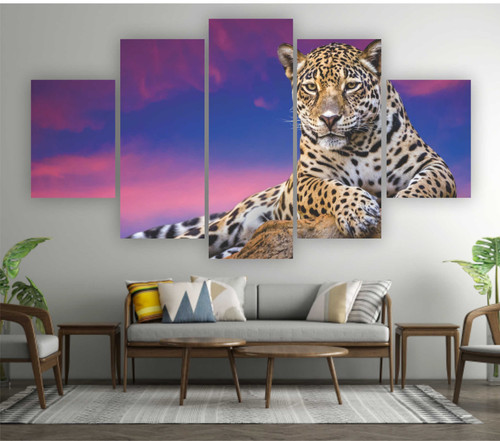 Quadros Decoração 5 Peças Para Sala Quarto Onça Pintada Por Do Sol Luxo Hd.jpg