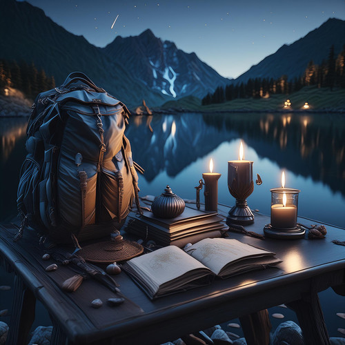 Firefly Dark fantasy art; table with candles and vases with books and backpacks by the lake at night.jpg
