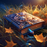 Firefly Dark fantasy art; book with spells on the grass in autumn 25052