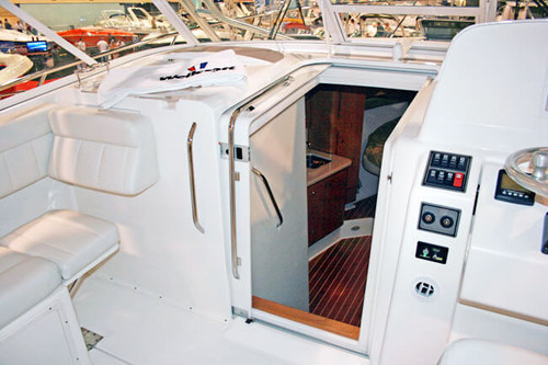 acrylic sliding door with stainless handle open view