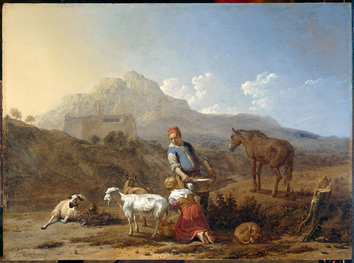 Dujardin, Karel Итальянский пейзаж с девушкой, доящей козу, 1659, 37 cm х 50 cm, Дерево, масло