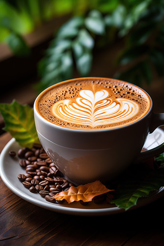 A realistic 3D rendering of a delicious Macchiato coffee with beautiful colors. It's placed on a caf.jpg