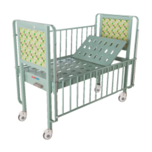 Abimed Baby Bed Trolley Weight -85 kg  is a durable and versatile baby bed with a height range of 550-1300 mm. Made of 1.5 mm cold-rolled steel and reinforced plastic, it features adjustable back and knee sections, supports up to 150 kg, and includes safety features like adjustable guardrails and lockable wheels. Its anti-corrosive materials ensure longevity.
