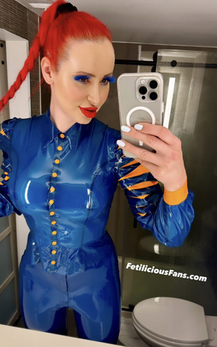 Miss fetilicious blue Latex dress red lipstick hot bitch.jpg
