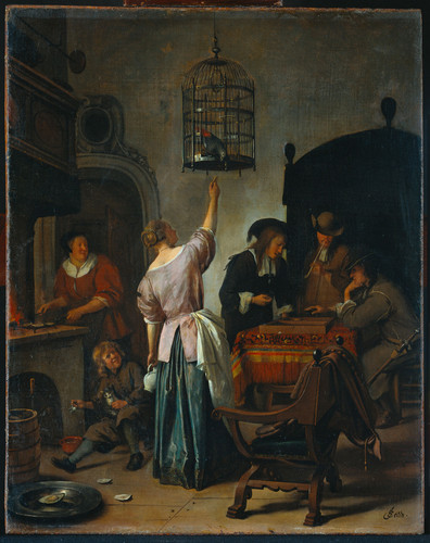 Steen, Jan Havicksz Клетка с попугаем, 1670, 50 cm х 40 cm, Холст на панели, масло