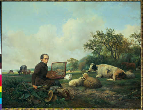 Sande Bakhuyzen, Hendrikus van de Художник рисует на лугу пейзаж с крупным рогатым скотом, 1850, 73,
