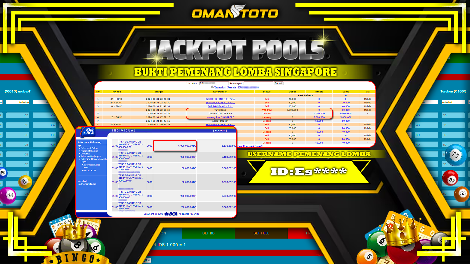 OMANTOTO JACKPOT TOGEL POOL SINGAPORE Rp. 6.000.000,-