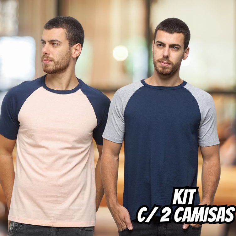 Kit Camiseta Básica Raglan Masculina c/ 2 Peças – Laranja+Azul