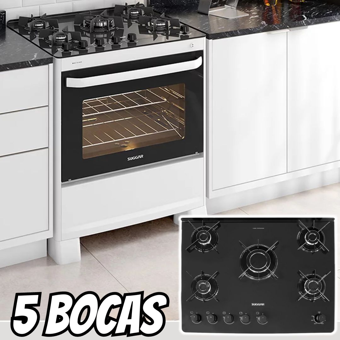 Suggar Fogão Neo Glass Branco Mesa De Vidro 5 Bocas Trempe 6 Apoios Acendimento Automático Fgvng510br