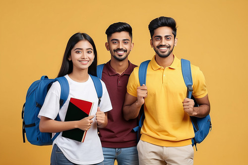 smiling young indian man woman carrying backpacks exercise books posing yellow studio background eas