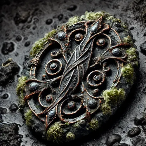 DALL·E 2024 09 09 19.06.29 An ancient, weathered metal pendant encrusted with barnacles and algae. T.webp