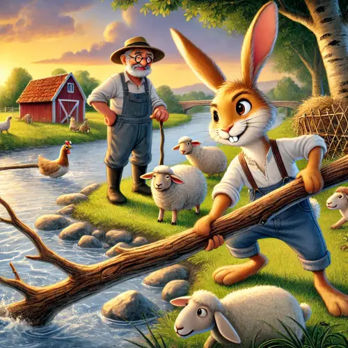 DALL·E 2024 09 09 22.10.31 A peaceful farm scene in the evening, featuring a brave and adventurous r.webp