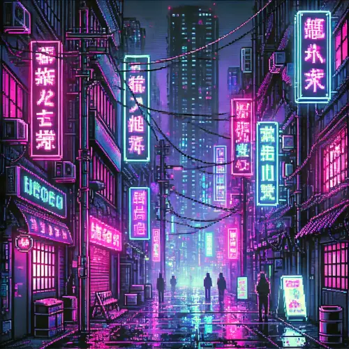 DALL·E 2024 09 09 23.50.35 A dark 8 bit pixel art style neon cyberpunk alley at night with tall grit.webp