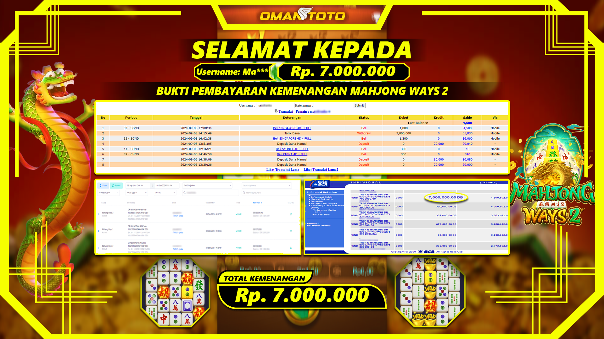 OMANTOTO JACKPOT SLOT MAHJONG WAYS 2 Rp. 7.000.000,-