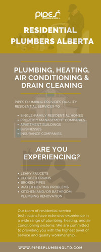 Pipes Plumbing LTD is offering highly qualified Residential Plumbers Alberta at a low price to providing excellent plumbing services. The team of professional plumbers has 15+ years of experience in plumbing. Get 90 days warranty with the service. Book an appointment with the expert by calling at 780-699-3283 or visit at https://pipesplumbingltd.com/residential-service