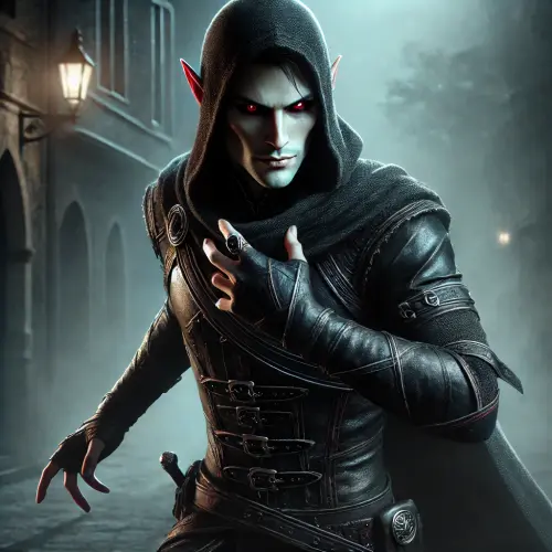 DALL·E 2024 09 11 12.03.06 A human vampire rogue named Garret 'The Sneak' Nebelhand, wearing dark le.webp