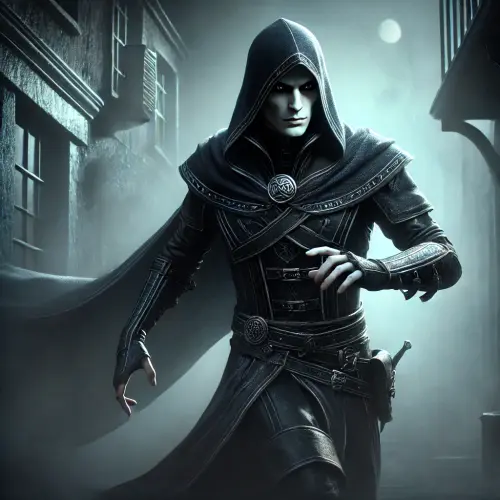 DALL·E 2024 09 11 12.02.38 A vampiric rogue named Krell the Hidden, wearing dark leather armor with .webp