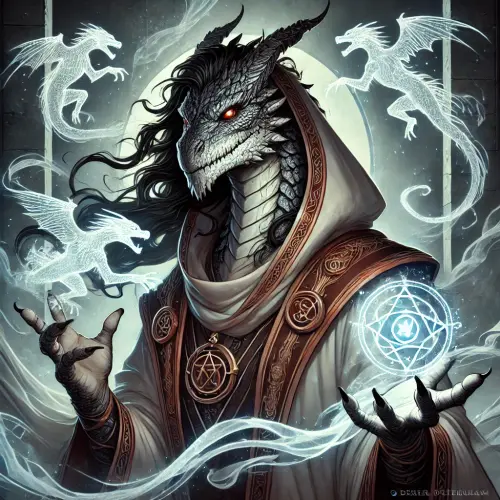 DALL·E 2024 09 11 12.12.27 A dragonborn sorcerer named Varak the Illusionist, wearing flowing robes .webp