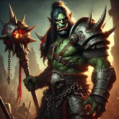 DALL·E 2024 09 11 12.00.07 A fierce orc warrior named Verrak the Bloody, wearing chainmail armor and.webp