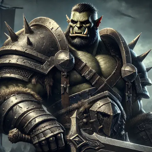 DALL·E 2024 09 11 12.07.59 An orc fighter named Thruk the Steel, wearing heavy plate armor that glea.webp