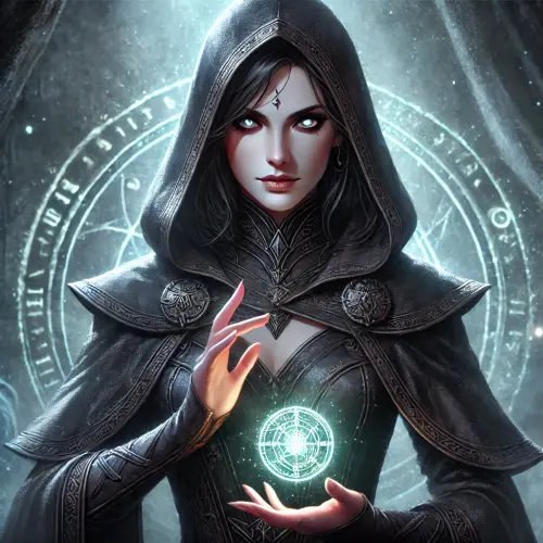 DALL·E 2024 09 11 12.07.01 A human sorceress named Mirna the Seer, wearing dark leather robes and a .webp