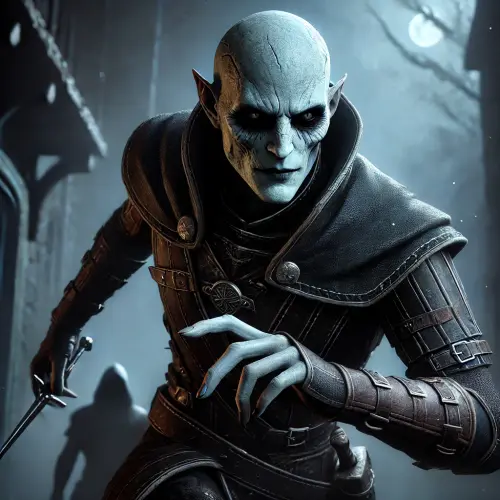 DALL·E 2024 09 11 12.01.23 A stealthy undead rogue named Drakor the Silent, wearing dark leather arm.webp
