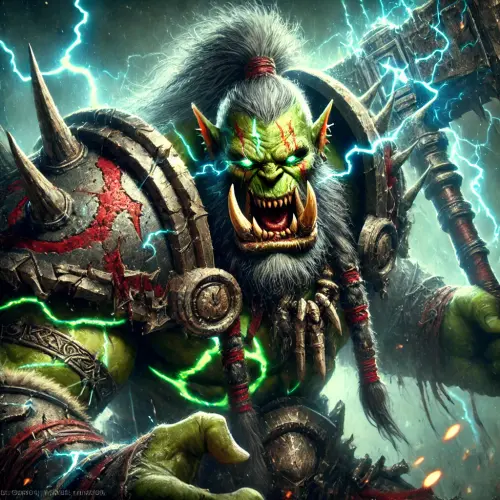 DALL·E 2024 09 11 12.04.18 A brutal orc barbarian named Korgar the Crusher, wearing armor imbued wit.webp