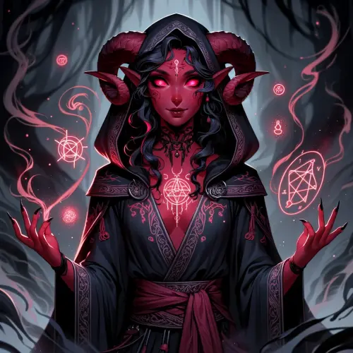 DALL·E 2024 09 11 12.00.51 A Tiefling sorceress named Lyssara the Hidden, with red skin and dark, fl.webp