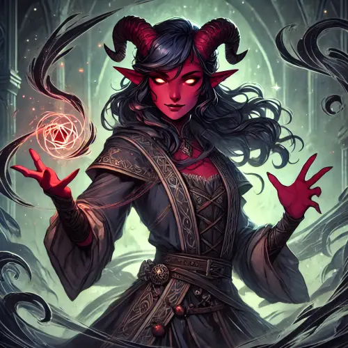 DALL·E 2024 09 11 12.14.21 A tiefling sorceress named Lytha the Enigmatic, wearing dark, shadowy rob.webp