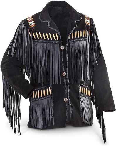 Men's Western Eagle Cowboy Fringed & Boned Suede Leather Jacket Black XS 5XL 0.jpg