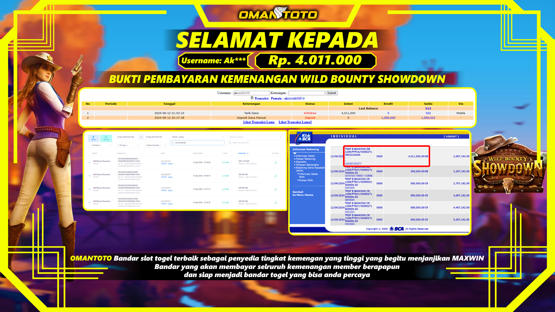 OMANTOTO JACKPOT SLOT WILD BOUNTY SHOWDOWN Rp. 4.011.000,-