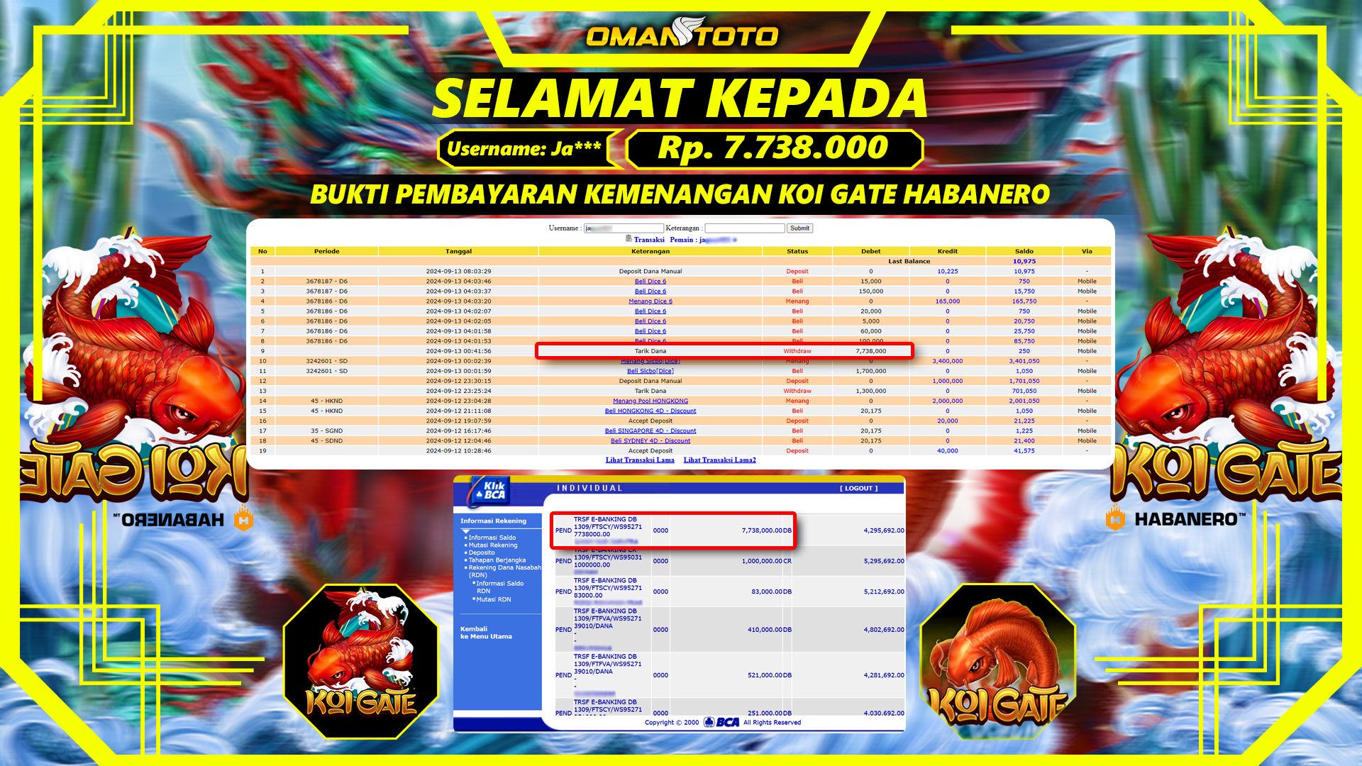 OMANTOTO JACKPOT SLOT HABANERO KOI GATE Rp. 7.738.000,-