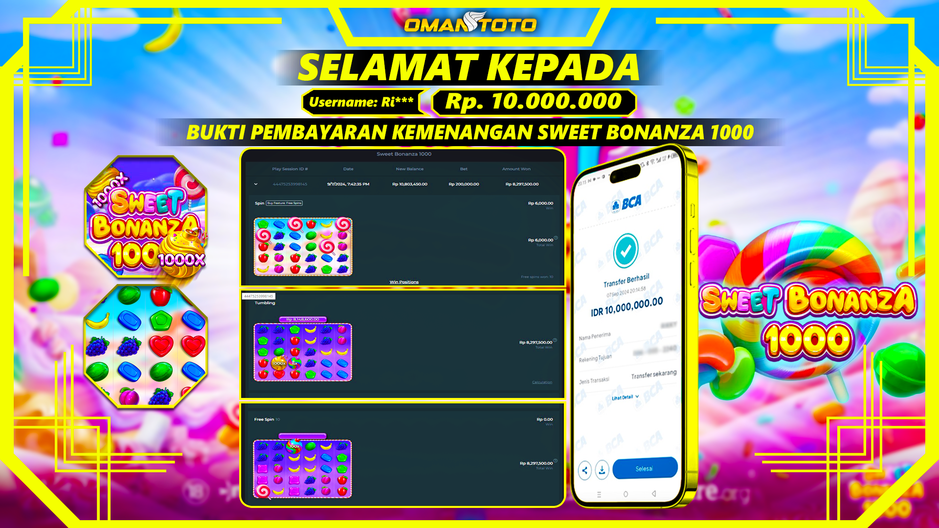 OMANTOTO JACKPOT SLOT SWEET BONANZA 1000 Rp. 10.000.000,-