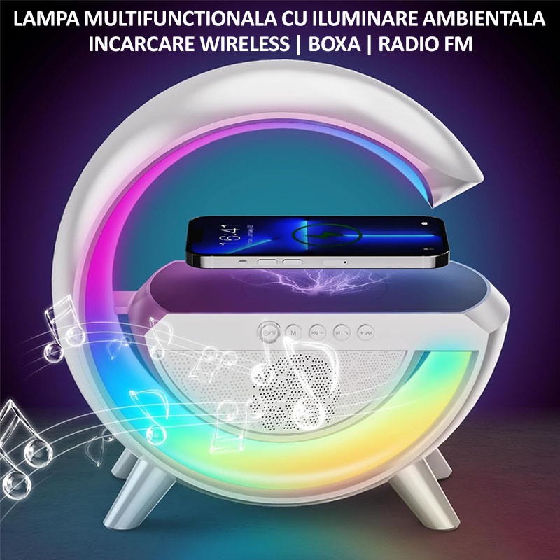 Lampa decorativa multifunctionala cu incarcare wireless 10W, boxa