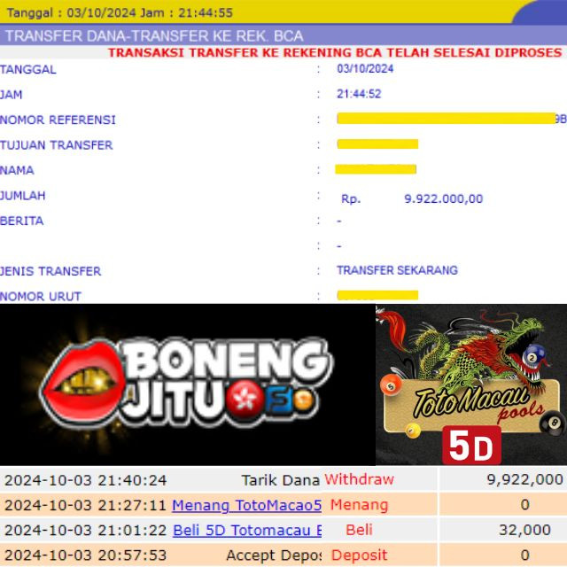 SELAMAT KEPADA ID XXXX JACKPOT POOL TOTOMacau 5D Games DI WEB BONENGJITU