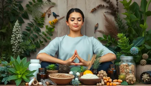 Person meditating surrounded by herbs and natural supplements