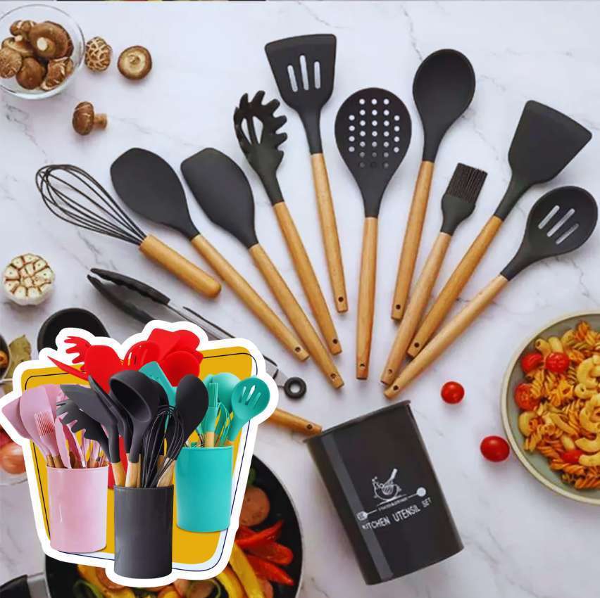 Kit 12 Utensílios De Cozinha Em Silicone E Cabo De Madeira