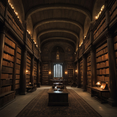 A mysterious ancient library filled with towering bookshelves dim lighting and a faint scent of old .jpg