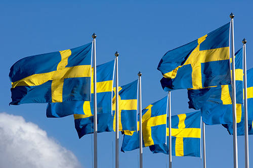 "The Swedish flag dates back to the 1550s, from the end of Gustav Vasa's time. It is believed that the model was the Danish red and white cross flag, the Dannebrogen. The colors were taken from the small national coat of arms with its three golden crowns in a blue field."