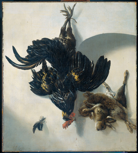 Lelienbergh, Cornelis Натюрморт с черным петухом и двумя кроликами, 1659, 93,5 cm x 84 cm, Холст, ма