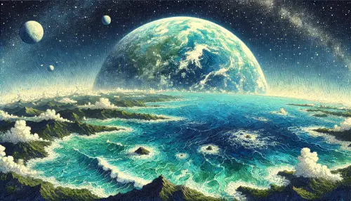 DALL·E 2024 09 02 17.32.10 A beautiful ocean planet with a vast expanse of deep blue water, scattere.webp