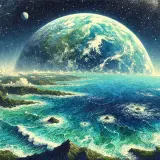 DALL·E 2024 09 02 17.32.10 A beautiful ocean planet with a vast expanse of deep blue water, scattere