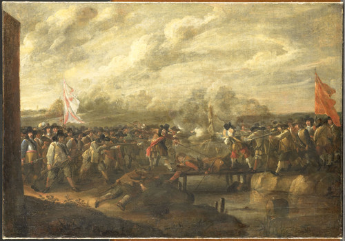 Eyck, Nicolaas van I Битва пехотинцев на мосту, 1679, 59 cm х 83 cm, Холст, масло