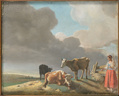 Liotard, Jean Etienne Пейзаж с коровами и пастушкой (лицевая сторона); портрет человека (оборотная с
