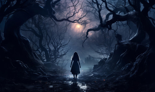 A beautiful mysterious witch walking in a fairy night forest.jpg